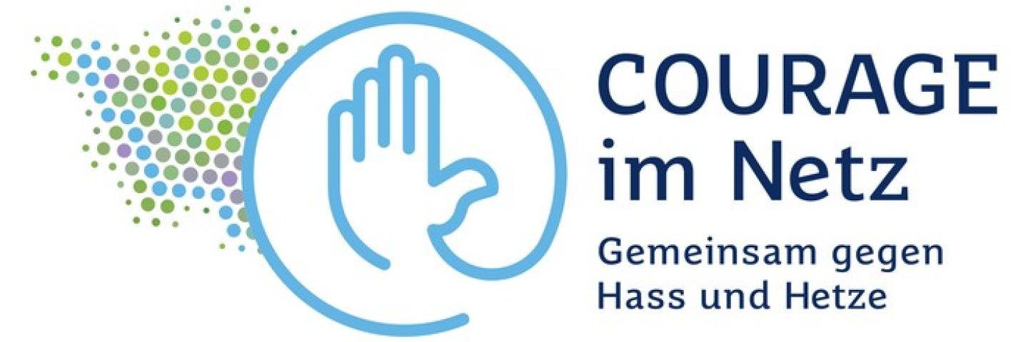 Gütesiegel von Courage im Netz: Eine Hand, die Stopp zeigt