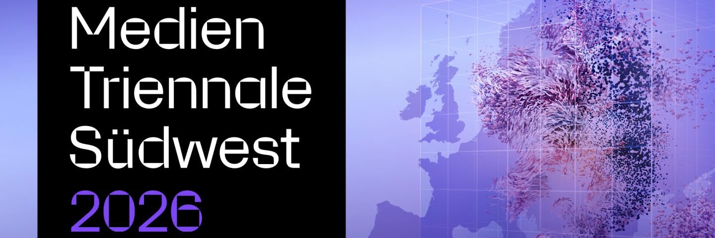 Grafik zur Medien Triennale Südwest 2026 mit stilisierter Europakarte und abstrakter digitaler Darstellung in Violetttönen.