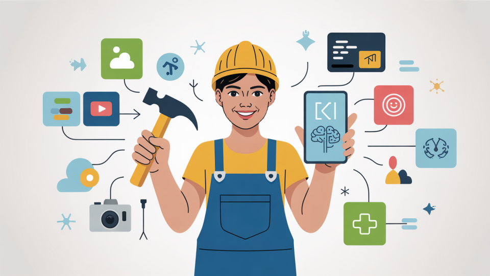 Illustration einer freundlichen Handwerkerin mit gelbem Helm und blauer Latzhose. In der einen Hand hält sie einen Hammer, in der anderen ein Smartphone mit KI-Symbol. Um sie herum sind verschiedene Icons angeordnet, darunter Cloud, Video, Kamera, Datenanalyse, Gesundheitssymbol und Nutzerprofile, die digitale Anwendungen und Technologien darstellen. Die Darstellung verbindet Handwerk mit digitalen und KI-gestützten Werkzeugen.